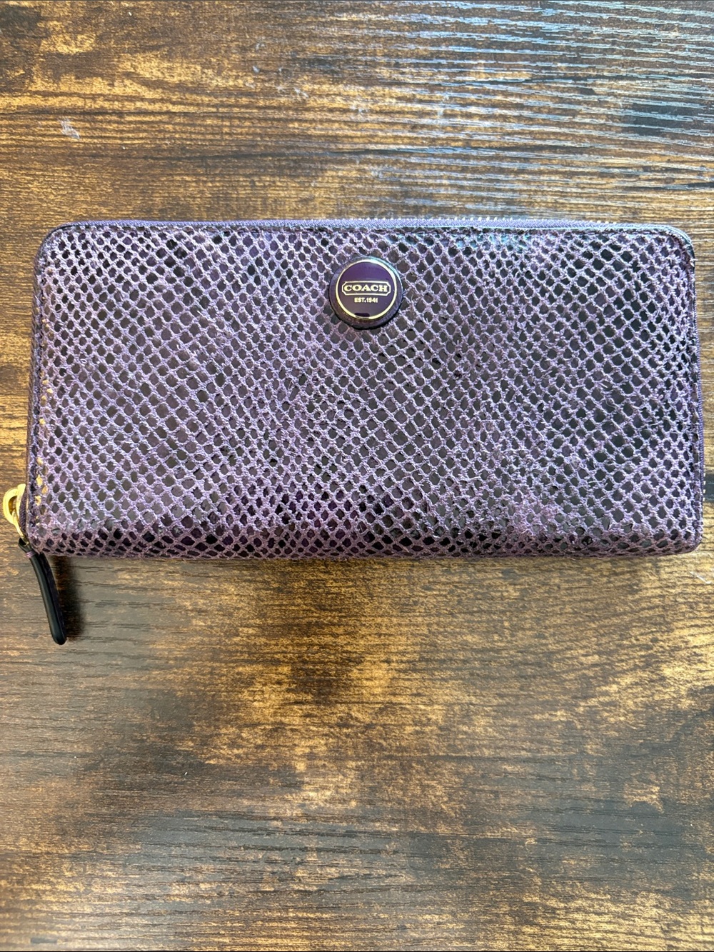 Coach Metallic Purple Snake-Embossed Zip Wallet